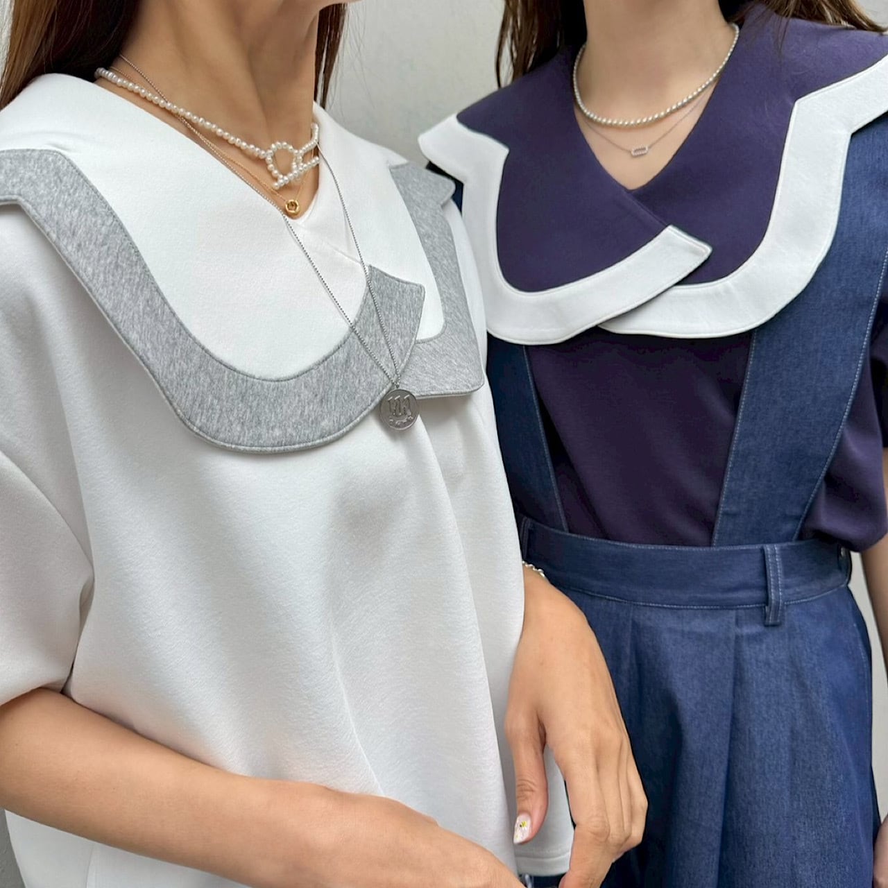 BM14 （台灣現貨）【Linkable】 少見幾何領棉混紡上衣（white×Grey)
